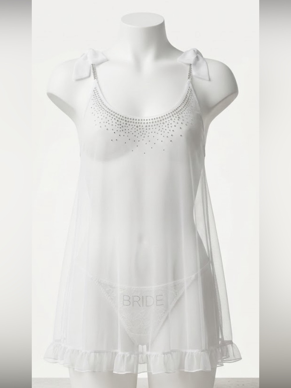 Victoria's Secret White Sheer Bridal Babydoll with Rhinestone Detail